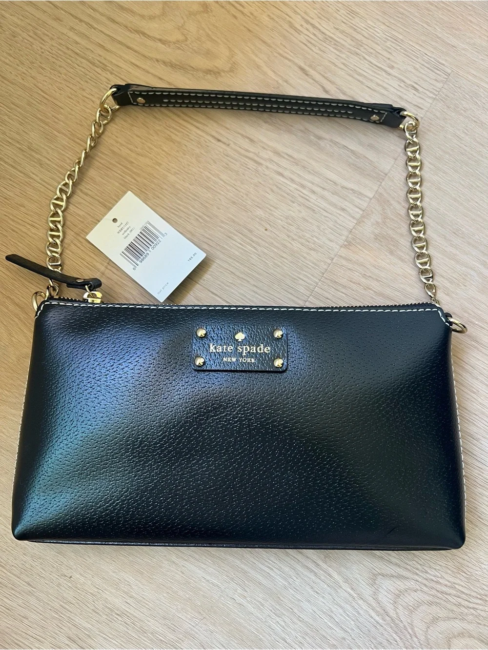 kate spade Black Pebbled Leather Chain Wristlet with Gold Hardware
